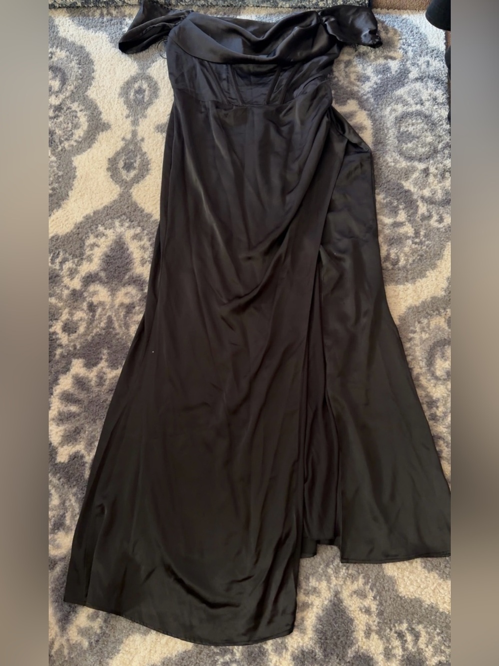 Fashion Nova Black Satin Off-Shoulder Maxi Dress
